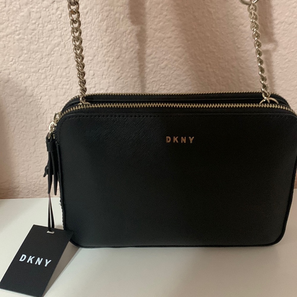 Dkny black leather cross body purse